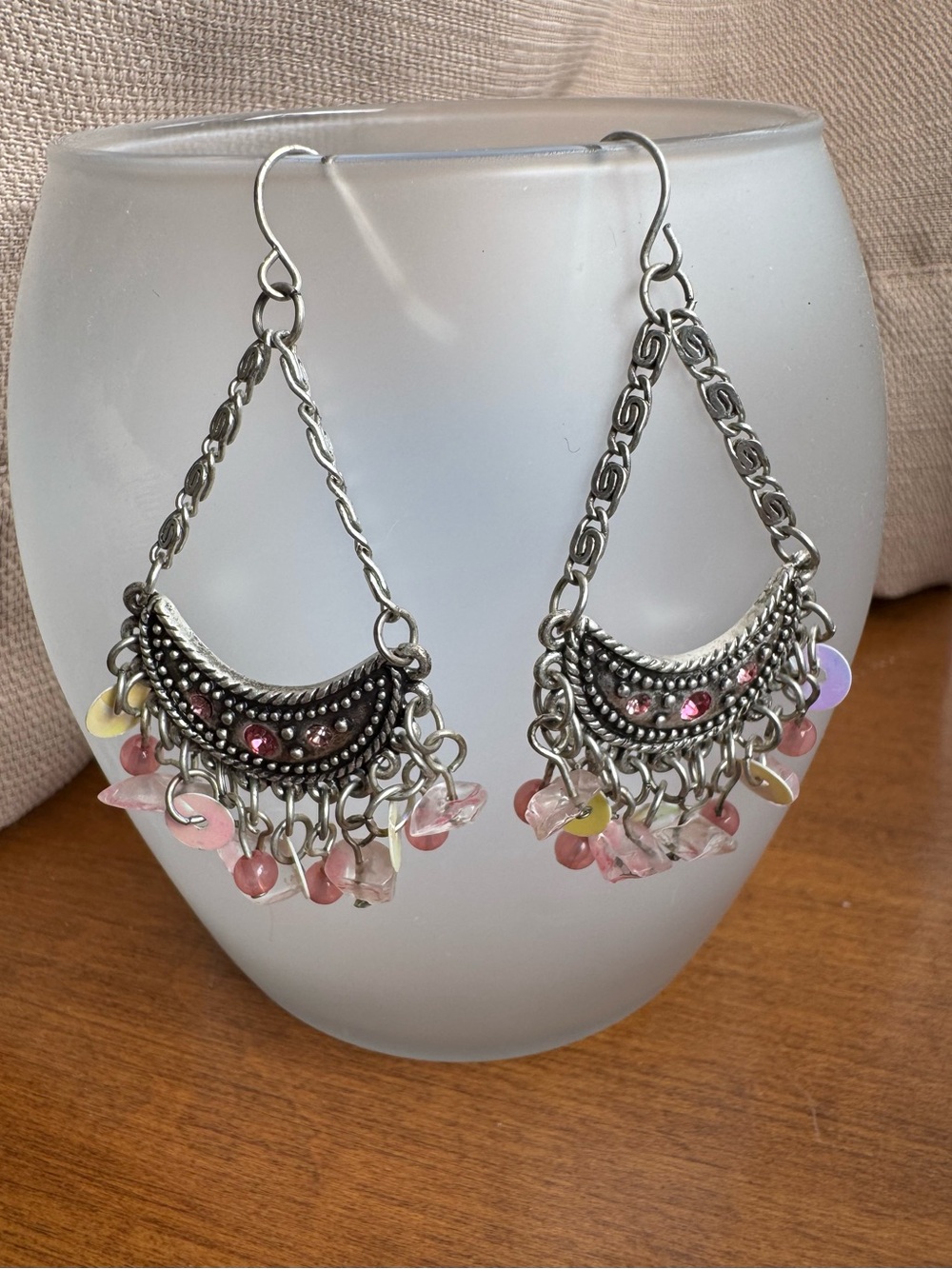 Boho Silver-Tone Pink Bead Dangle Earrings